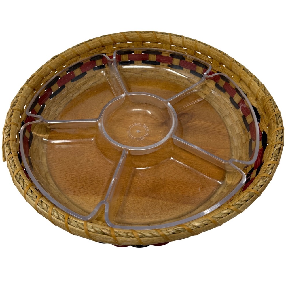 1981 Novelty Crystal Divided Chip Dip Platter Basket Tray Wood Base